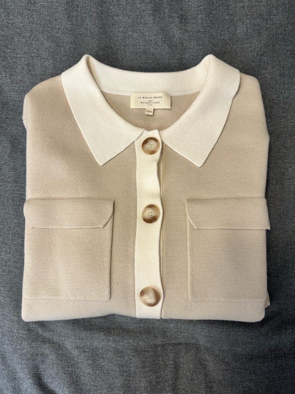 Sezane Beige & Cream Button Front Merino Wool Betty Cardigan in EUC